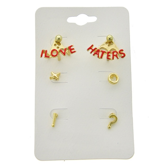 Goldtone Three Pair Stud Earring Set I Love Haters - Picture 1 of 1